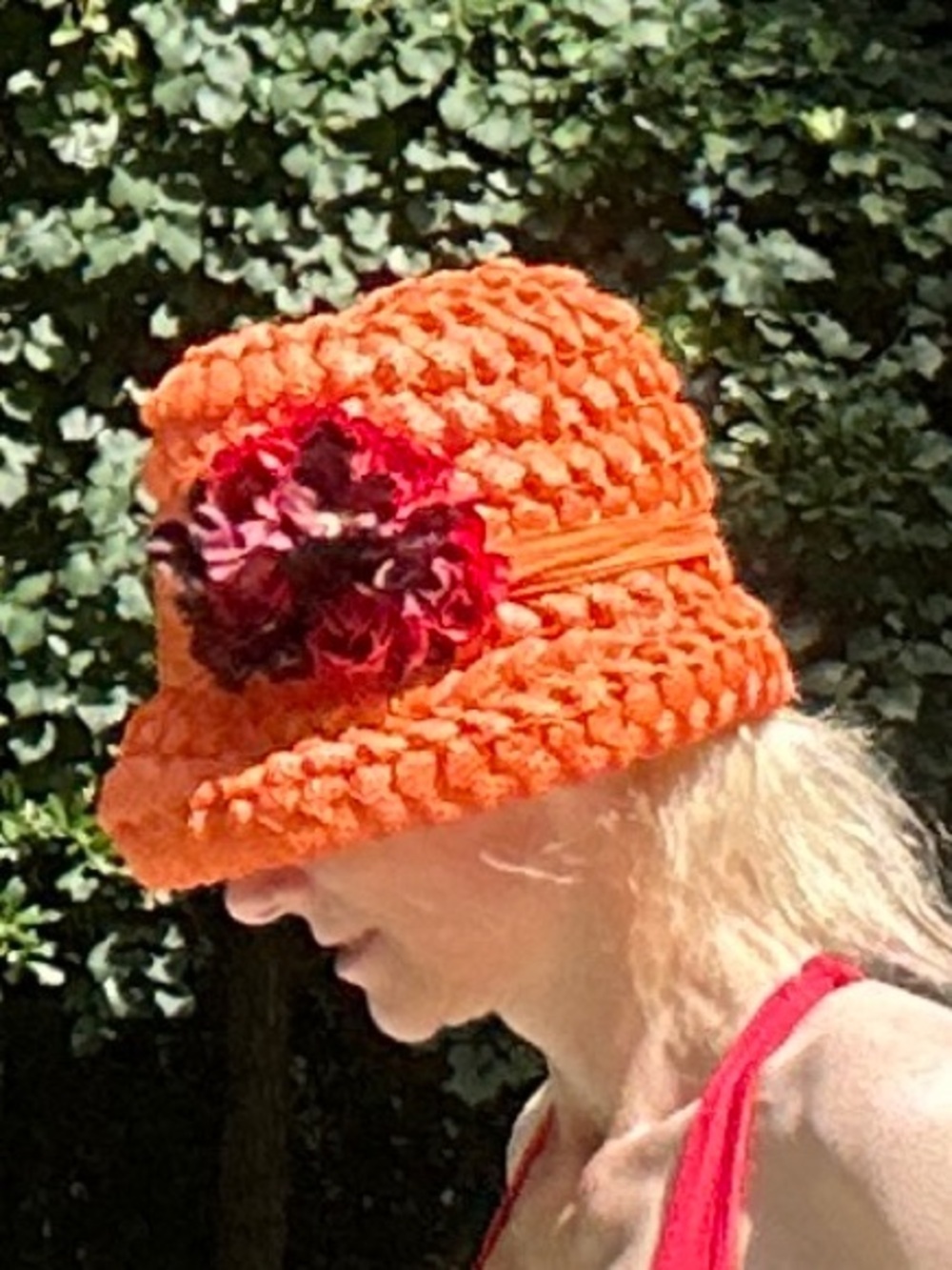 Orange Braided Straw Cloche Hat with Red Floral Accent Unique Handmade